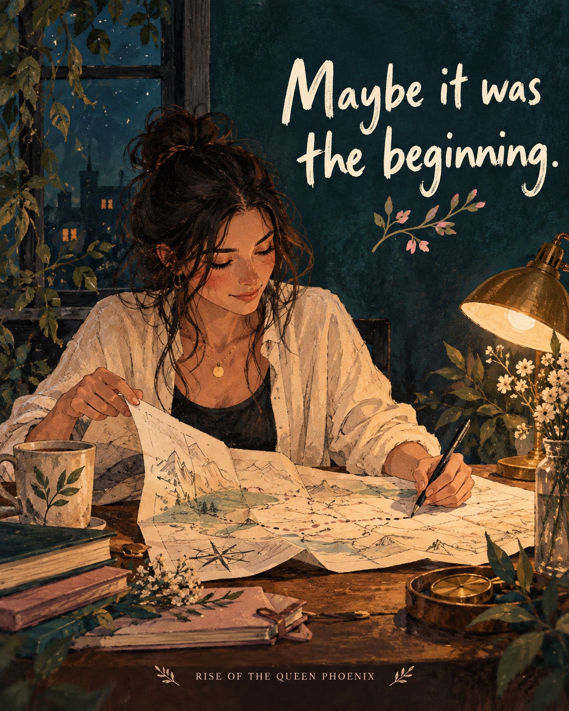 Literary illustration of a woman at her desk, tracing a map beneath a warm reading lamp